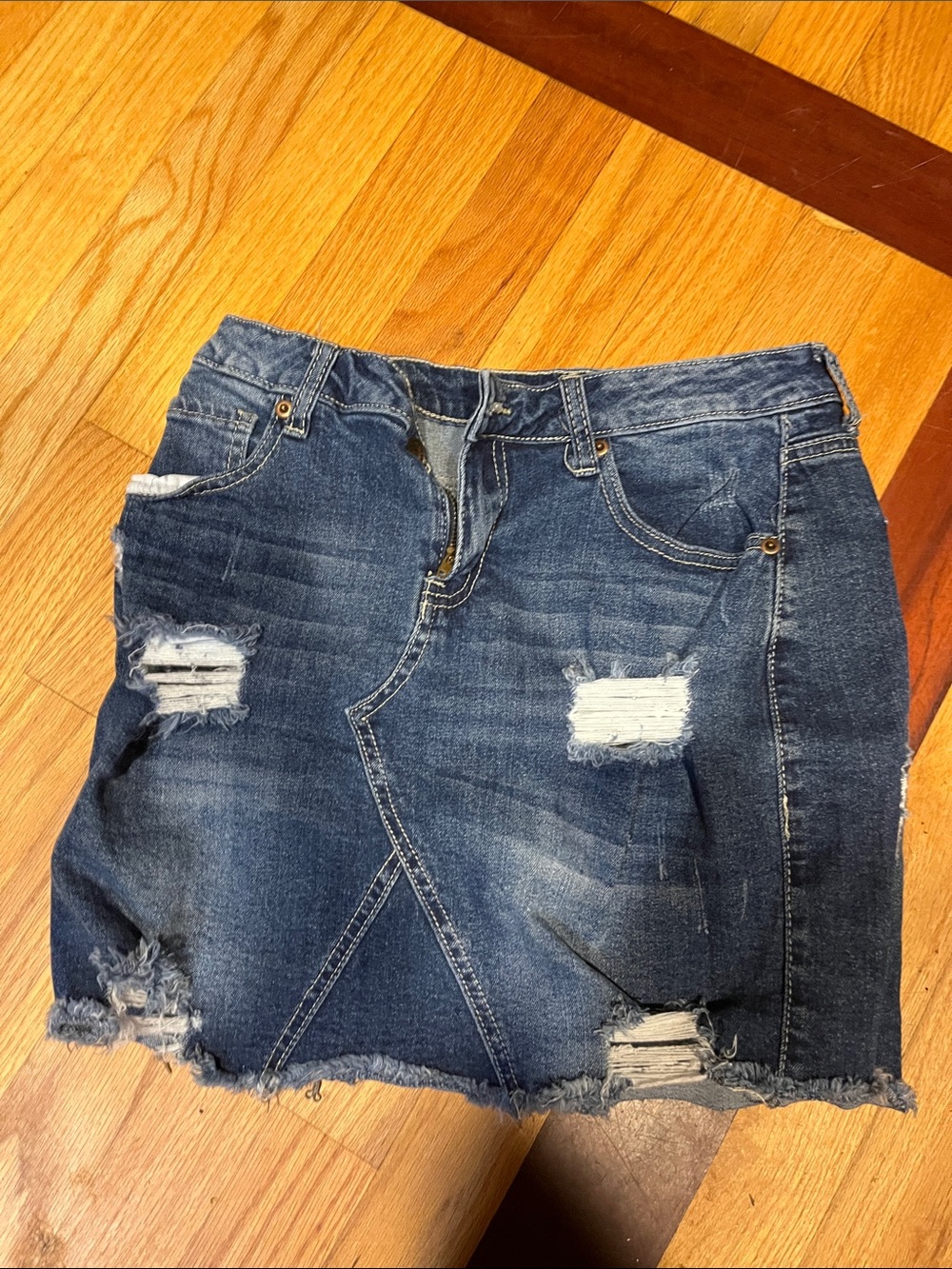 Distressed Dark Blue Denim Mini Skirt
